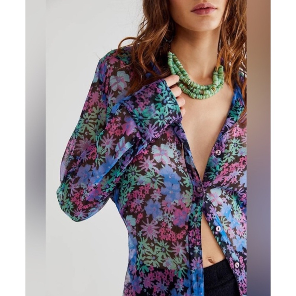Free People Floral Ruched Side Button Down Shirt ‎ Purple Blue Small boho whimsi